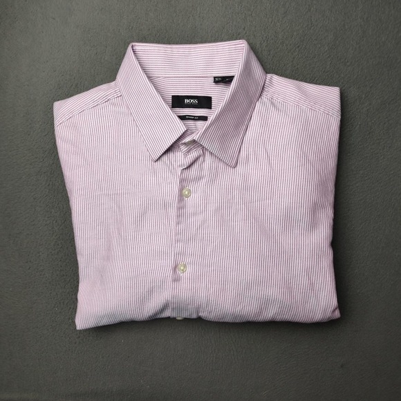 Hugo Boss Shirt Mens 16.5 XL Pink White Sharp Fit Stripe Dress Button Up Cotton - Picture 1 of 13
